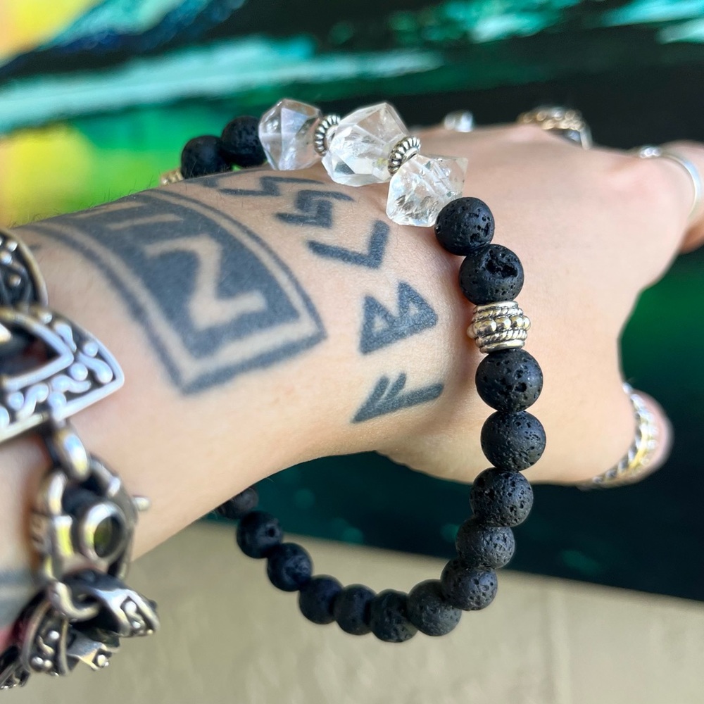 3 Genuine herkimer diamonds crystal quartz & black lava rock beads men bracelet